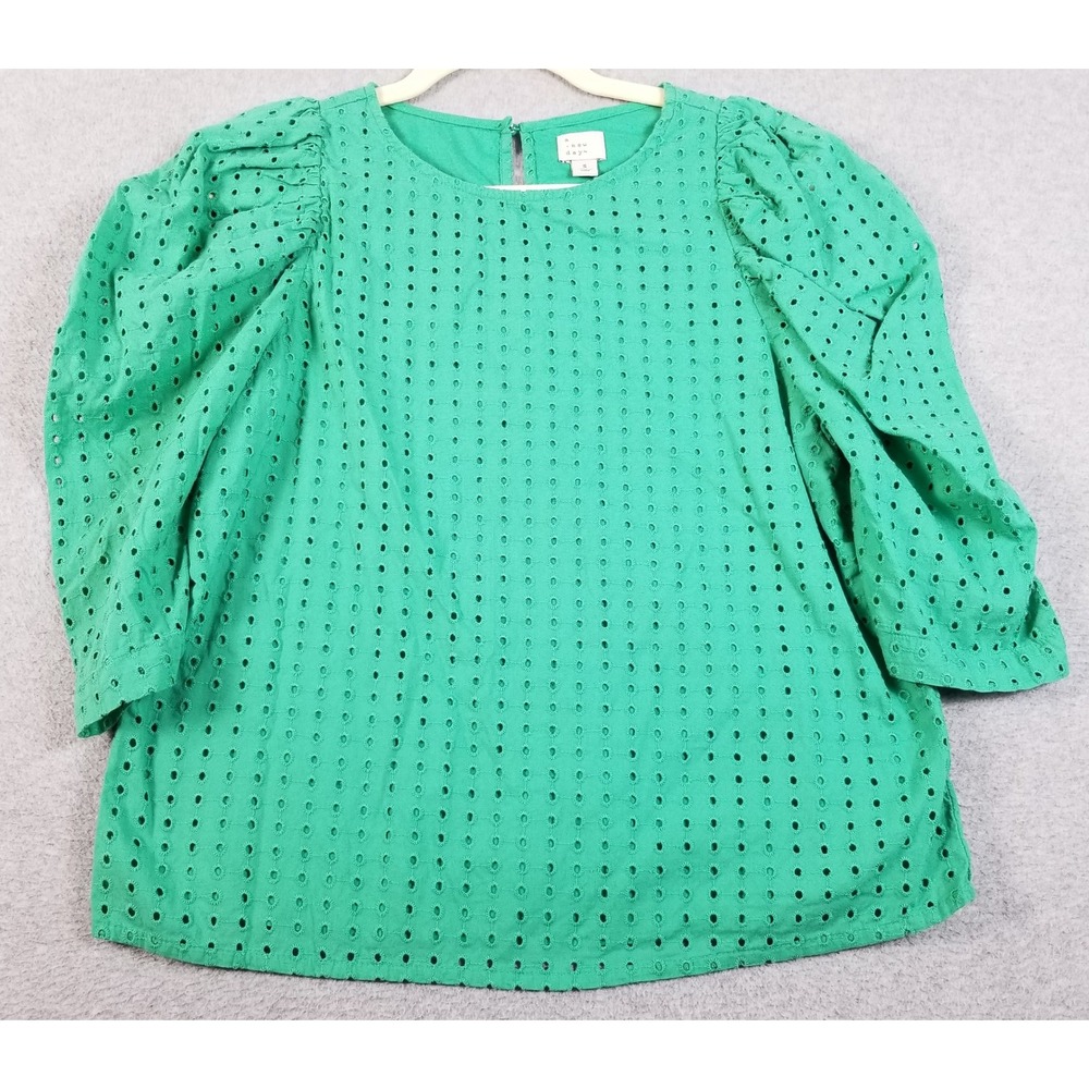 A New Day Eyelet Blouse Women Small S Green Puff Sleeve Cotton Top Preppy Spring